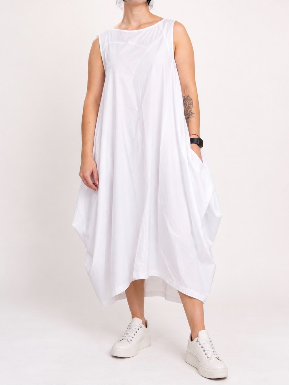 Dalin White Balloon Midi Maxi Dress M Oversized Lagenlook Pockets NWT